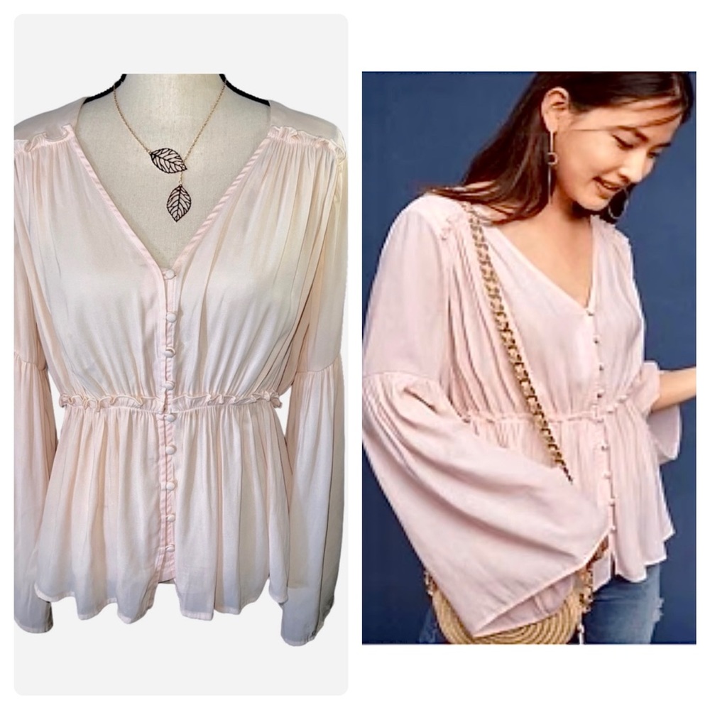 Anthropologie RO & DE Peplum Top Bell Sleeves Pink Sheer Small